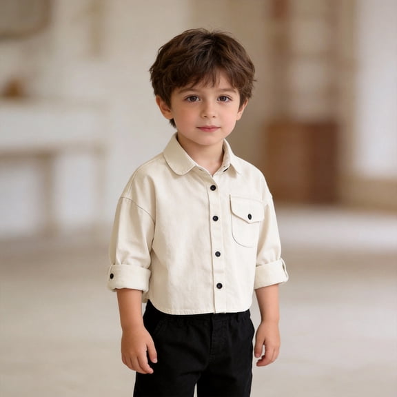 Boys Dress Shirts Long Sleeve Formal Uniform Casual Button Down Shirts Beige Tops for 2T