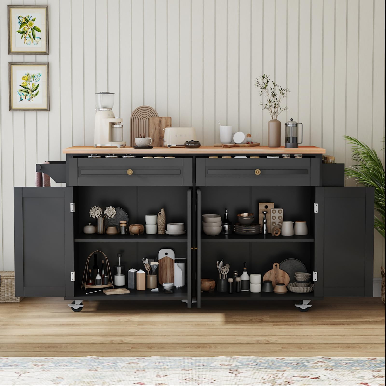 JassmiPkwy 67’’ Movable Kitchen Island with Drop Leaf Countertop, with Storage, 2 Drawers, Towel Rack, Black