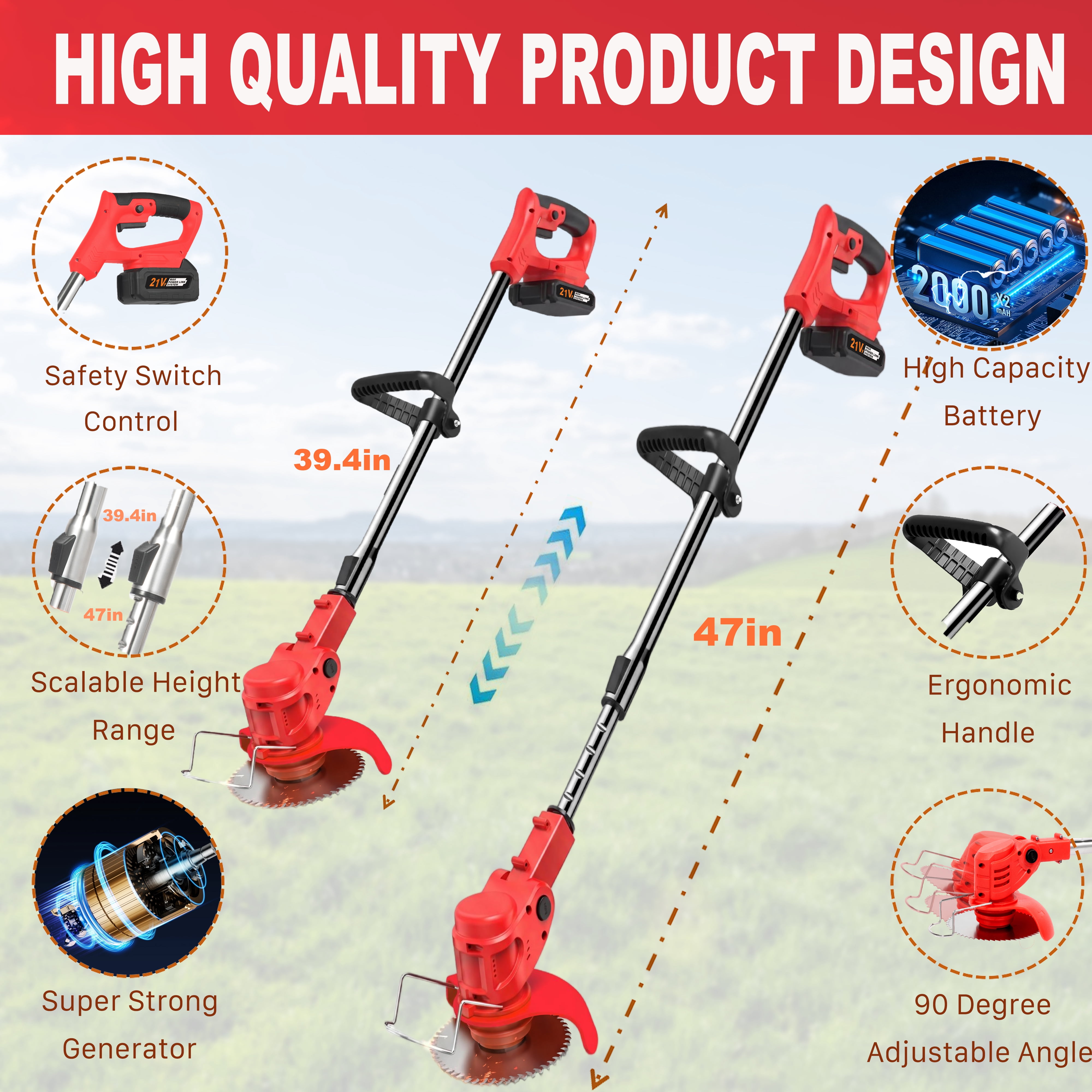 Yuyongr Weed Wacker Cordless String Trimmer with Wheels,2*2000mAh Cordless String Trimmer with 4 Types Cutting Blade,Weed Eater Grass Trimmer/Lawn Mower,(No Wheel)