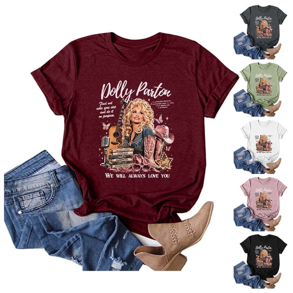 Women Dolly Shirts Country Music Legend T-Shirt Crewneck Short Sleeve Shirt Vintage Graphic Blouse Loose Fit T-Shirt Retro Tee Top L