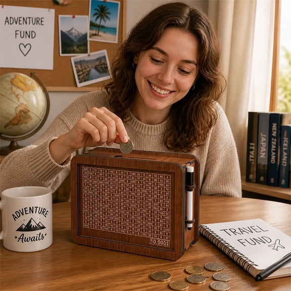 Wooden Money Saving Box with $10,000 Challenge Tracker, Reusable Cash Vault Piggy Bank for Kids, Teens & Adults, Educational Budgeting Tool Gift for Boys Girls Financial Learning
