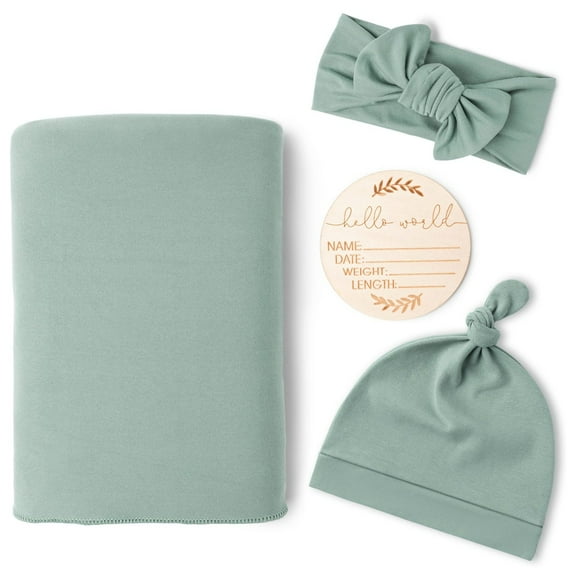 Newborn Baby Swaddling Cloth Set with Hat, Headband & Wooden Card – Soft Breathable Blanket for Nursing, Stroller & Photography Props, 80x80cm