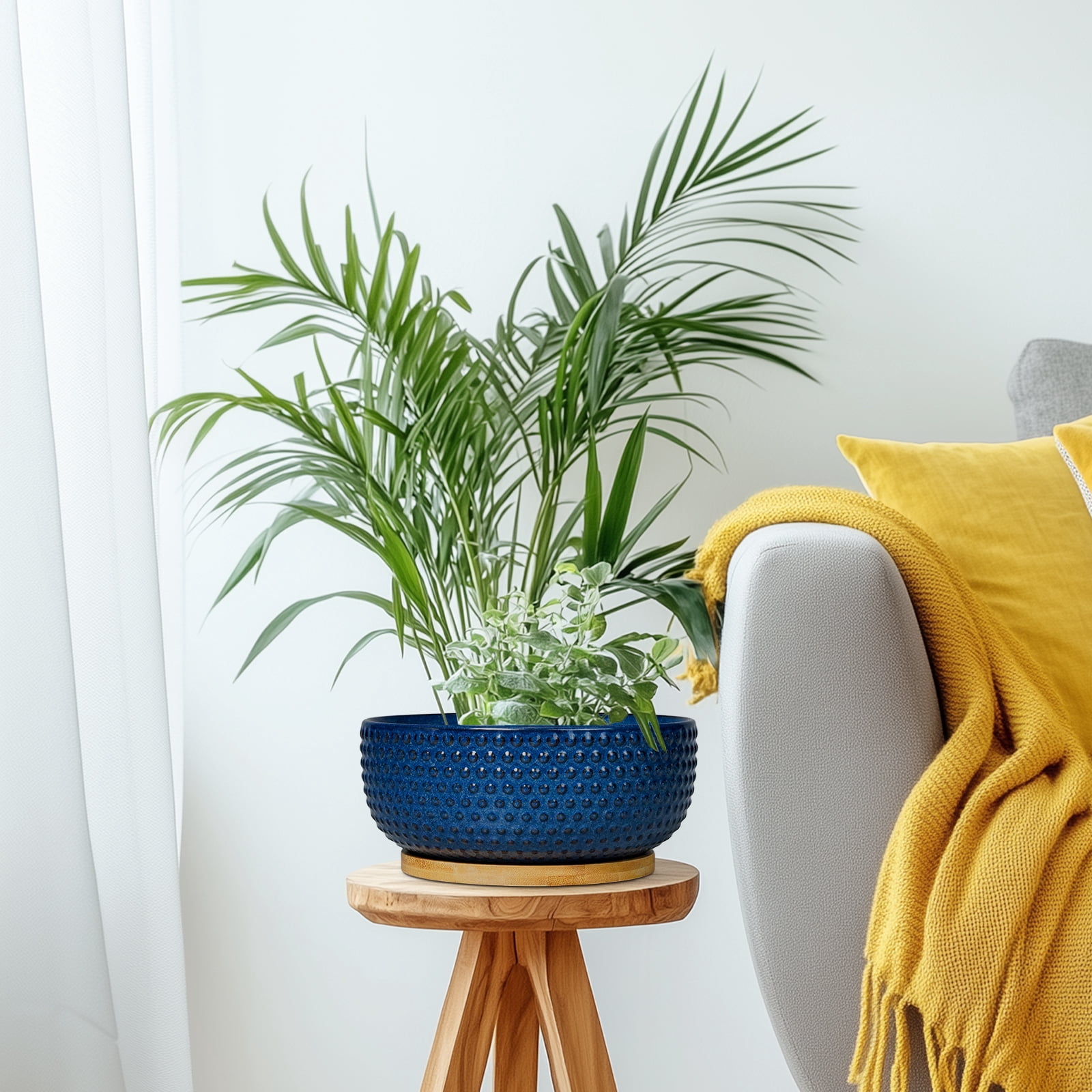 8 inch Succulent Planter Bowl, Round Ceramic Pot with Drainage Hole & Bamboo Tray,Shallow Flower Pots for Indoor Plants Cactus Blue