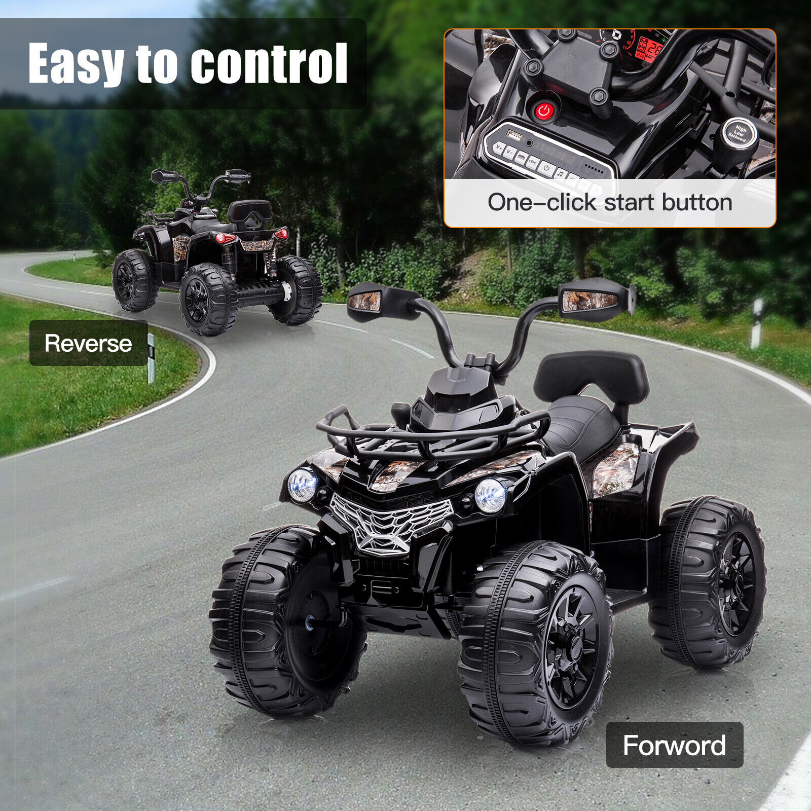 Lohoms 12V 4-Wheeler Kids Ride On Car ATV, Electric 12V Rechargeable Battery Powered Kid's Quad Car Toys, With LED Lights Music USB, 2 Speed, Black