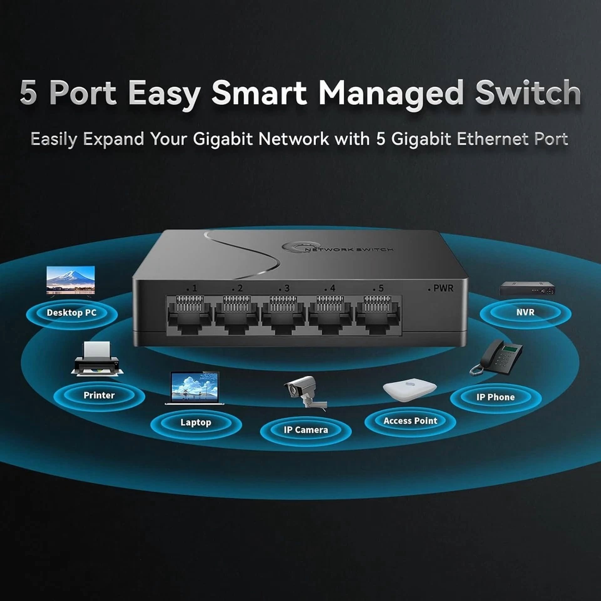 CRESTIN- 5 Port Gigabit Ethernet Switch Smart Managed Hub Splitter Vlan Qos Plug & Play