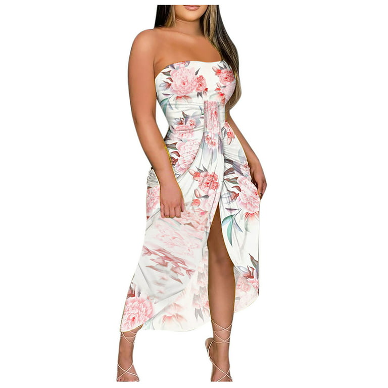MELDVDIB Women's Boho Off Shoulder Strapless Summer Beach Party Floral Slit  Maxi Dress on Clearance 