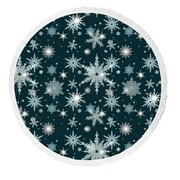 ABPHQTO Christmas Pattern White Snowflakes Round Beach Blanket with Tassels Beach Throw Towel Yoga Mat Picnic Blanket