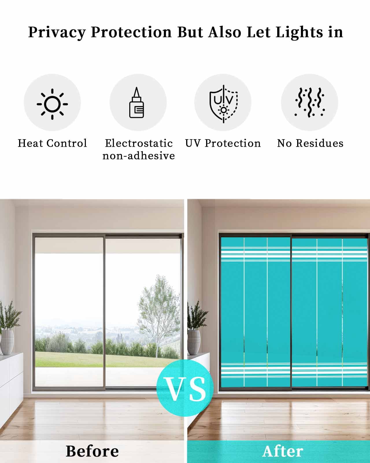 Window Privacy Film, Bluish Green Stripes UV Sun Blocking Window Tint Film Heat Control One Way Blackout Window Film, Farmhouse Modern Vertical Lines Non Adhesive Static Cling Sticker 35.4x78.7 In