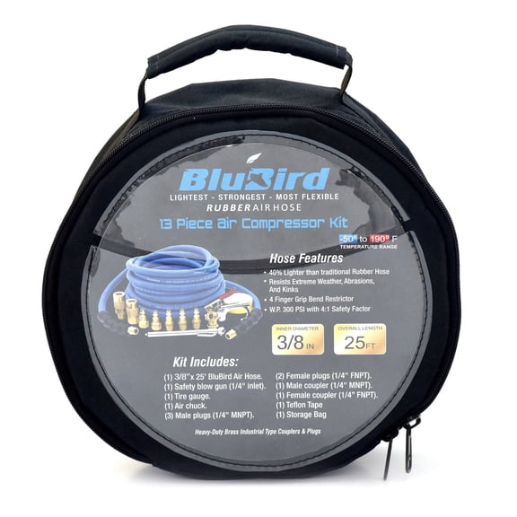 BluBird 3/8" Rubber Air Hose Assembly with Brass Accessory Kit, 300 PSI, Heavy-Duty, Lightweight, 10-Year Warranty, Storage Bag Included
