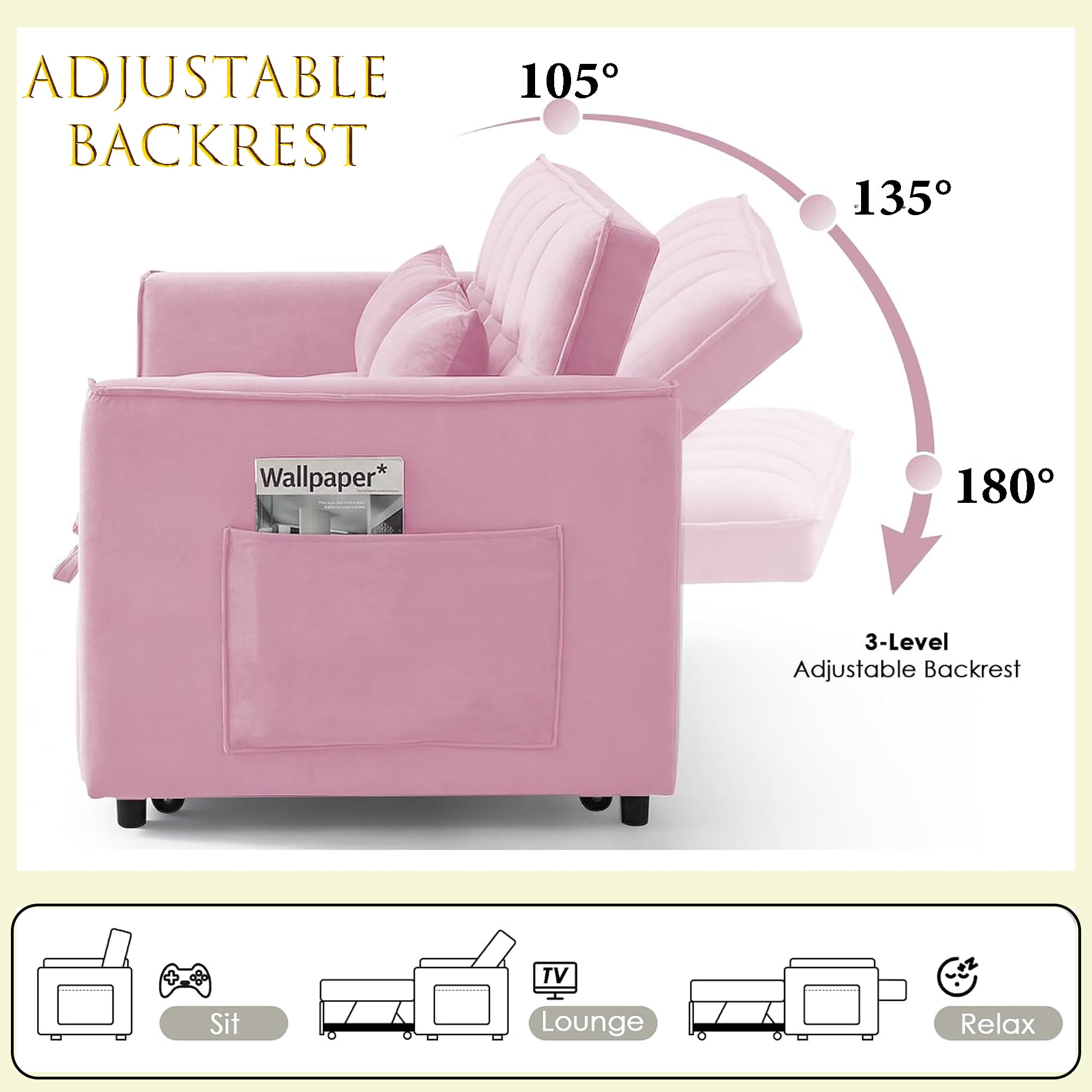 WAKEFIT 54" Pull-Out Sleeper Sofa Bed,3-in-1 Convertible Loveseat Couch with Adjustable Backrest for Small Living Room,Velvet,Pink