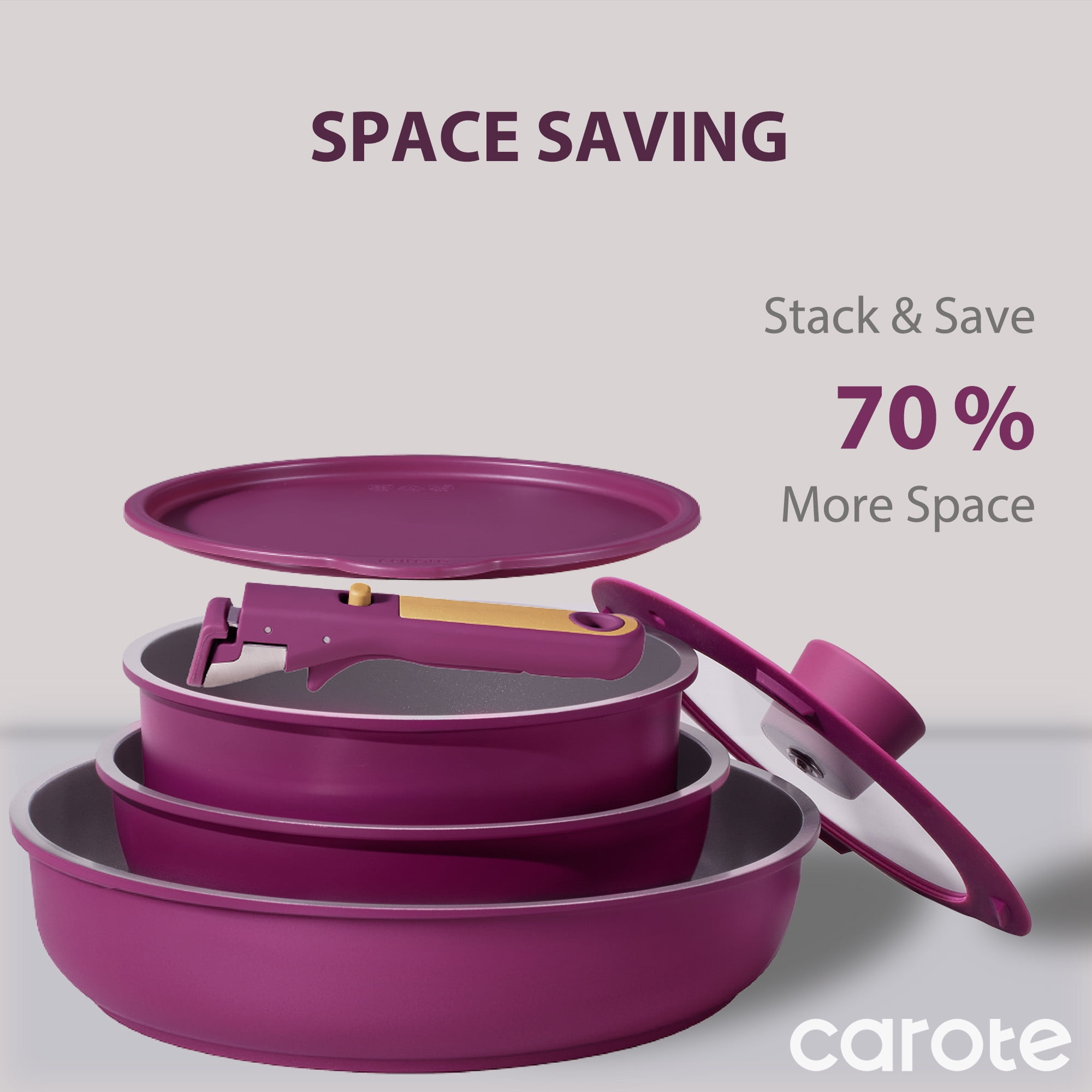 Carote 21-Piece Nonstick Pots and Pans Set, Kitchen Cookware Set with Detachable Handle, Induction Compatible, Purple