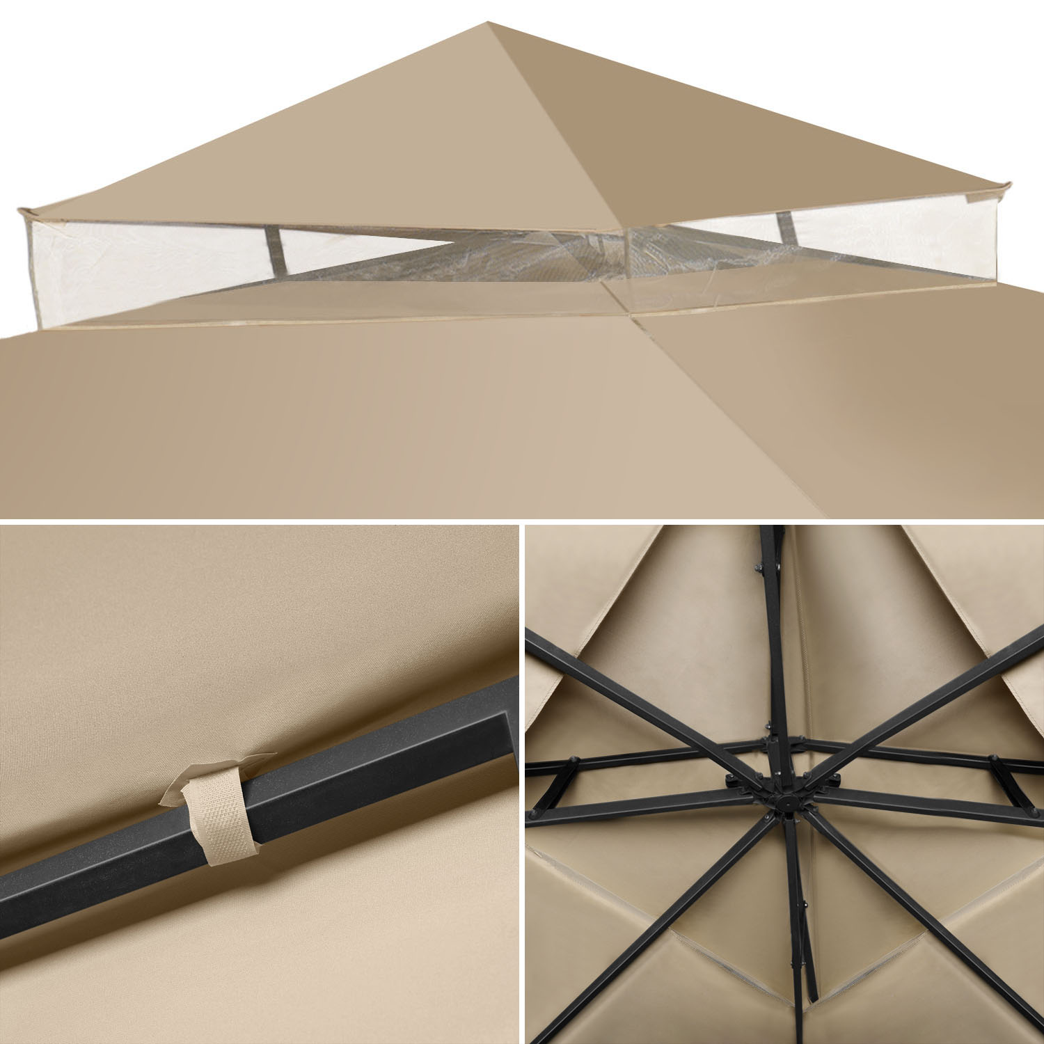 8 x 8 Feet Gazebo Canopy Top Replacement Cover (Beige) - Dual Tier Up Tent Accessory with Plain Edge Polyester UV30 Protection Water Resistant for Outdoor Patio Backyard Garden Lawn Sun Shade - image 3 of 8