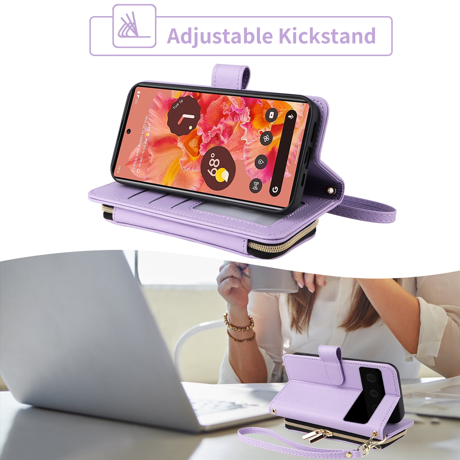 Furiet Wallet Case for Google Pixel 6 with Detachable Wrist/Crossbody Shoulder Strap Card Slots, Zipper Purse Luxury PU Leather Card Holder Stand Cell Phone Cover for Pixel6 Pixle Six Women Purple