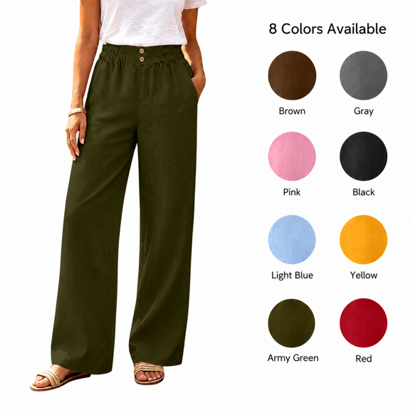 Womens Elastic Waist Wide Leg Pants with Pockets Solid Color Loose Casual Office Commute Trouses S
