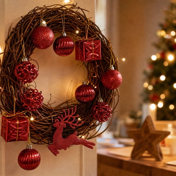 13 PCS Red Christmas Ornament Set Assorted Hanging Decor, Gift Box Pendants Ball Baubles Star for Tree, Red Christmas Ornaments for Holiday Wreath and Party Display