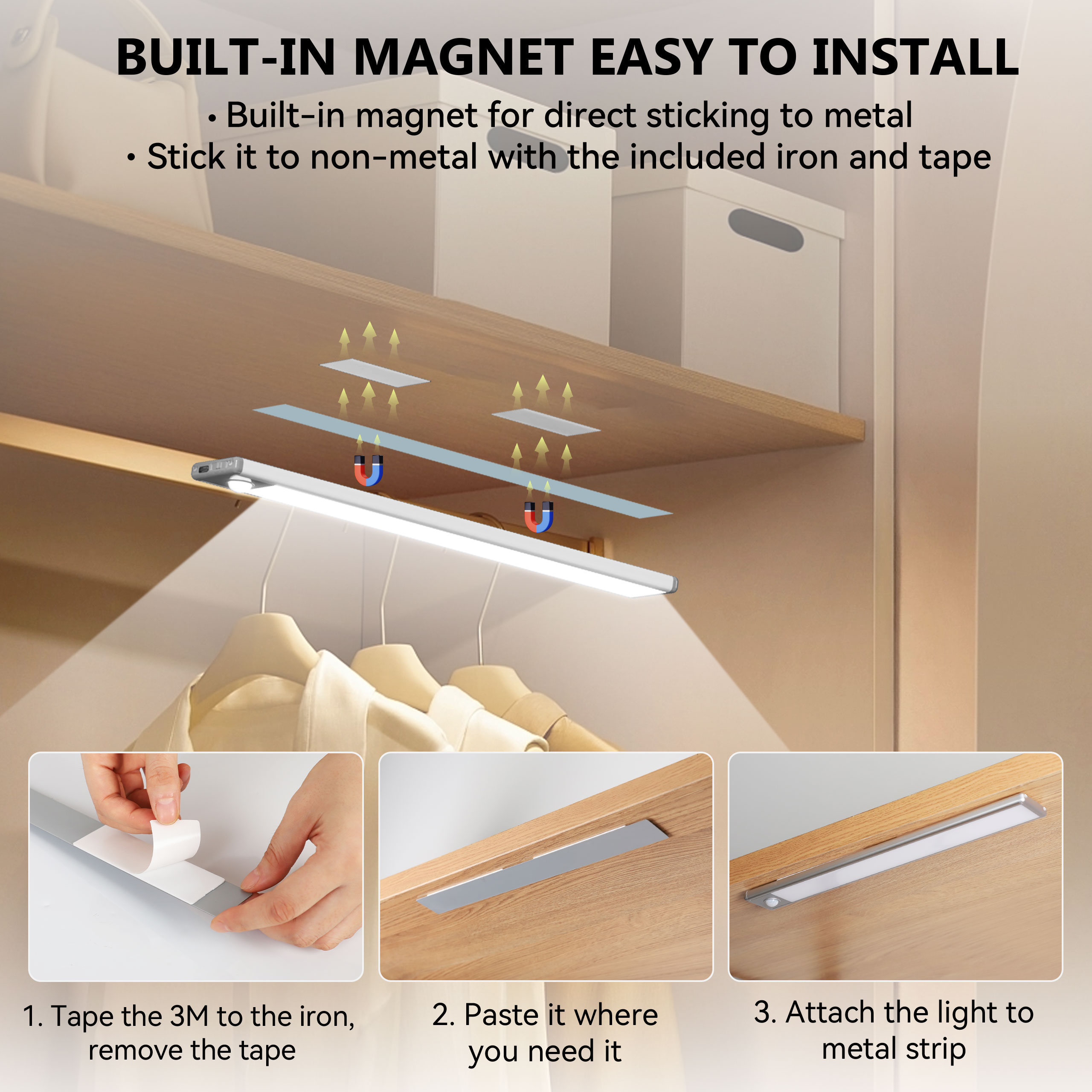 HMCITY  Under Cabinet Lights,LED Rechargeable Battery Operated Motion Sensor Light Indoor, 2 Pack Magnetic Dimmable Closet Lights, Wireless Under Counter Lights for Kitchen, Stairs