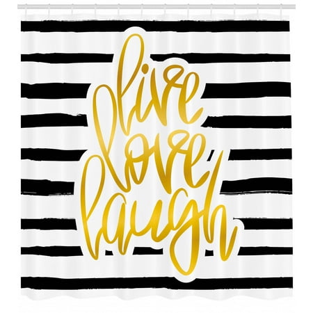 Shower Curtain With Stripes Live Laugh Love Shower Curtain, Romantic Design with Hand Drawn Stripes and Calligraphic Text, Fabric Bathroom Set with Hooks, Black White Earth Yellow, by Ambesonne ()