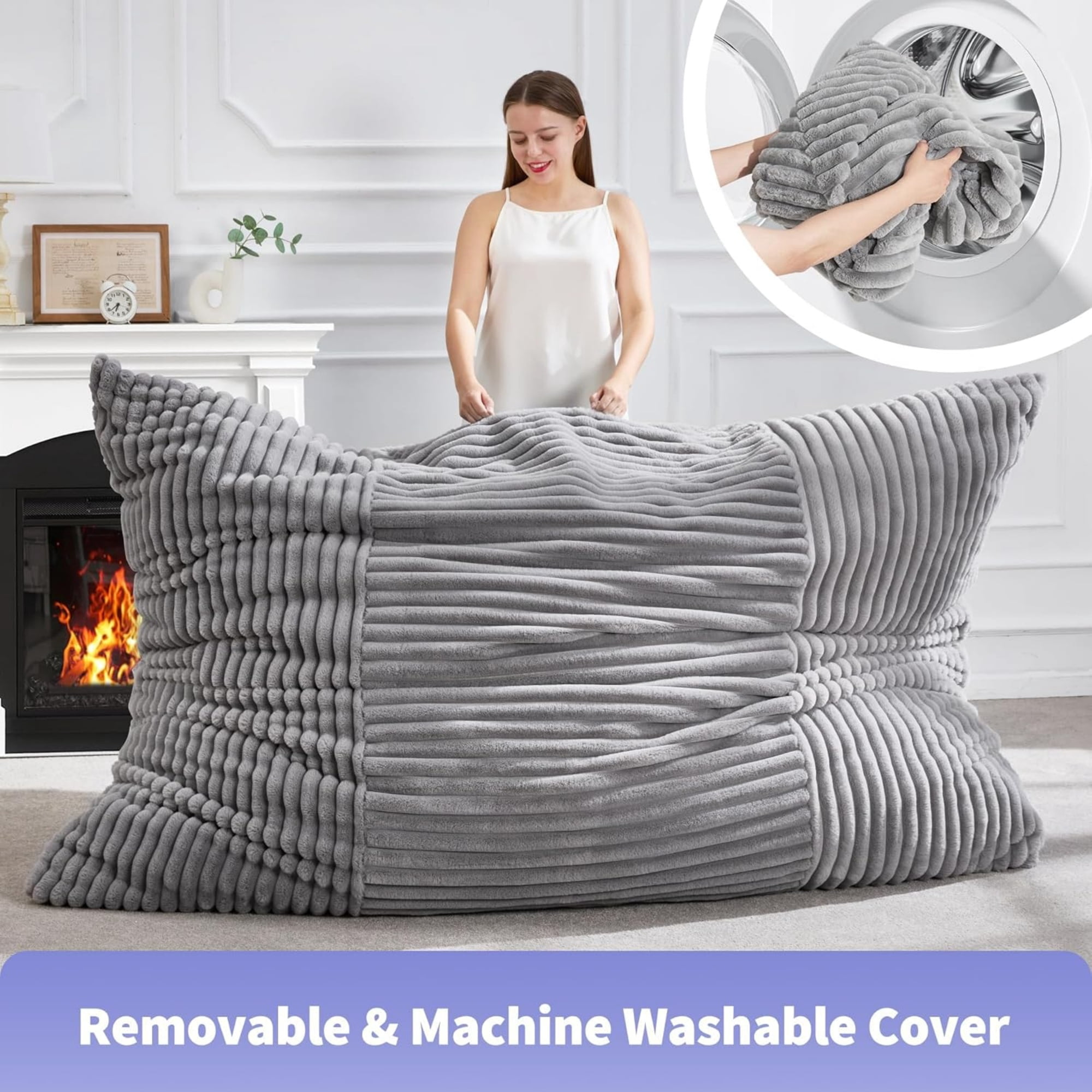 Oversized Striped Bean Bag Chair, Large Floor Lounger with Machine-Washable Corduroy Cover, Full-Body Relaxation Sofa for Home Theater, Living Room, Light Grey