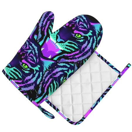 

DouZhe Oven Mitts and Pot Holders Sets Tiger Dazzle Purple Prints Non-Slip Heat Resistant Kitchen Oven Silicone Glove