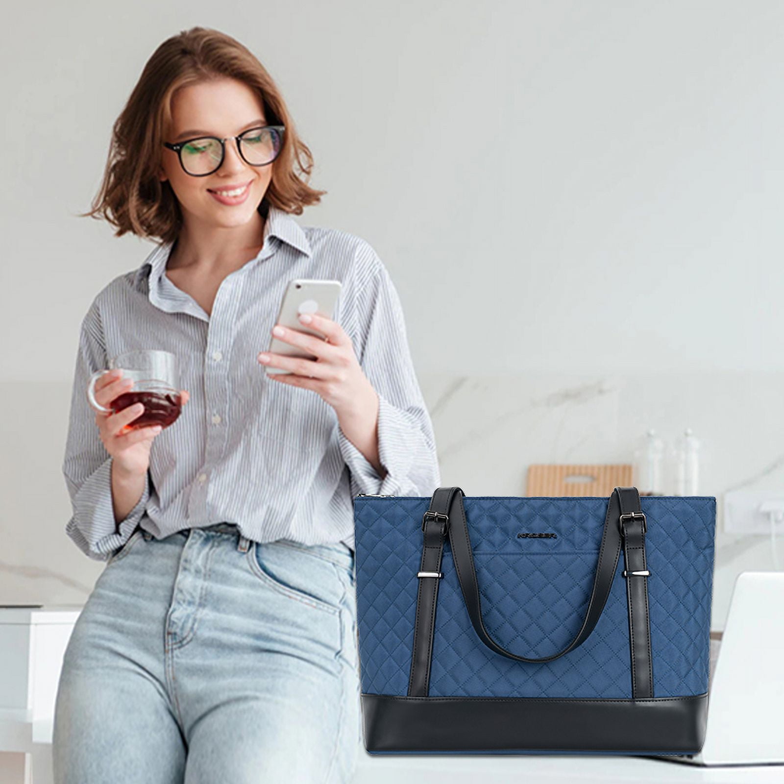 KROSER Laptop Tote Bag 15.6" Computer bag Shoulder Bag Women Handbag (Quilt)-Blue