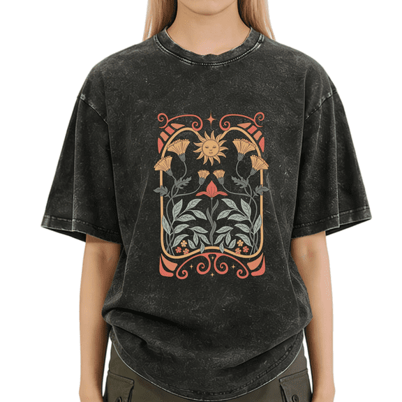 Washed Black Print Tshirt Graphic Tees Shirts Sunflower Floral Gift For Floral Lovers S-2XL Tops