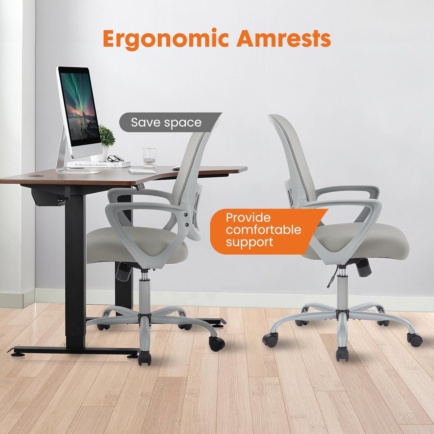 Atilioo Ergonomic Office Chair, Comfy Desk Chair with Adjustable Height & Lumbar Support, Mesh Swivel Rolling Computer Chair with Armrests for Adults, Gray