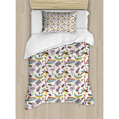 Vintage Style Bedding Sets Flamingo Duvet Cover Set, Retro Vintage 80s Memphis Style Summer Elements Geometrical Natural and Colorful, Decorative Bedding Set with Pillow Shams, Multicolor, by Ambesonne ()