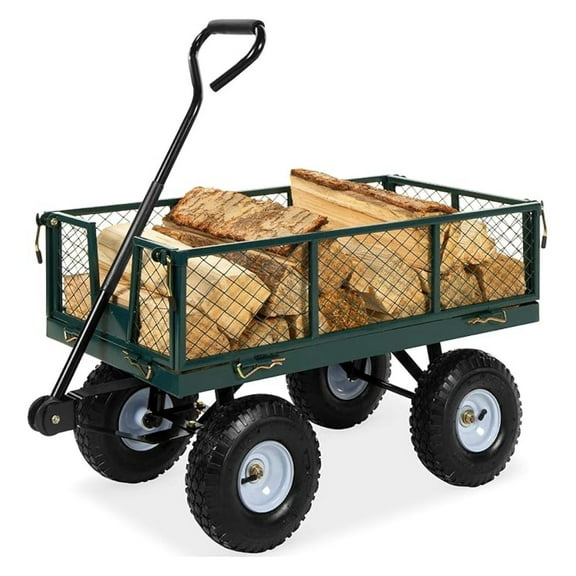 Utility Garden Cart Wagon for Lawn, Yard w/Heavy-Duty Steel 400lb Weight Capacity, Removable Sides, Long Handle, 10in Tires - Green