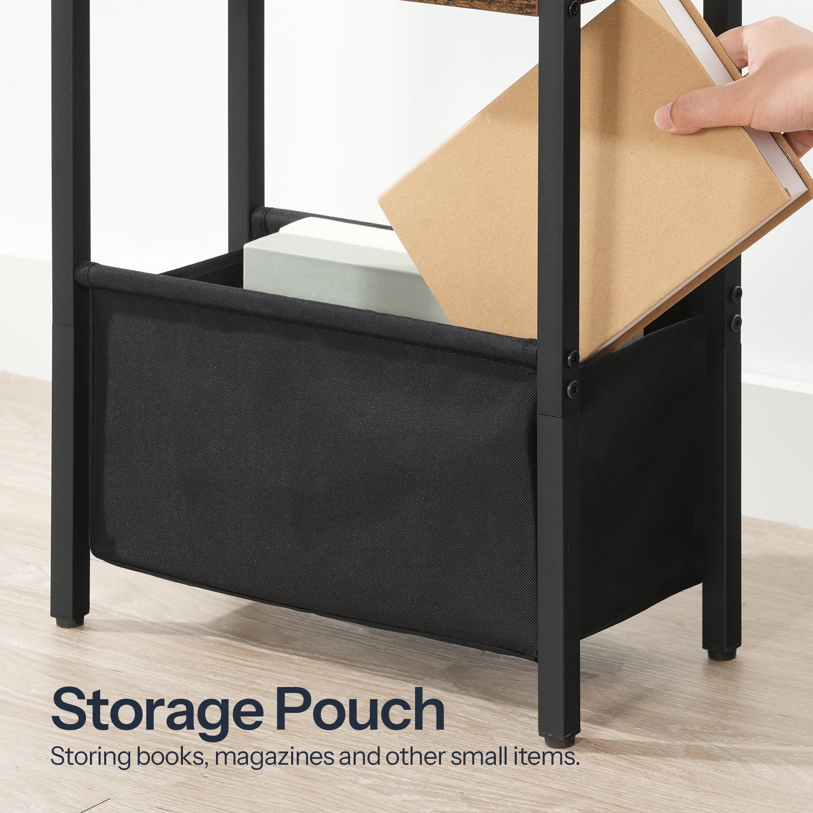 HOOBRO Small Narrow Side Table, Skinny End Table with Charging Station, Extra Slim Nightstand with Storage for Small Spaces, Thin End Table for Living Room, Rustic Brown and Black BF125UBZ01