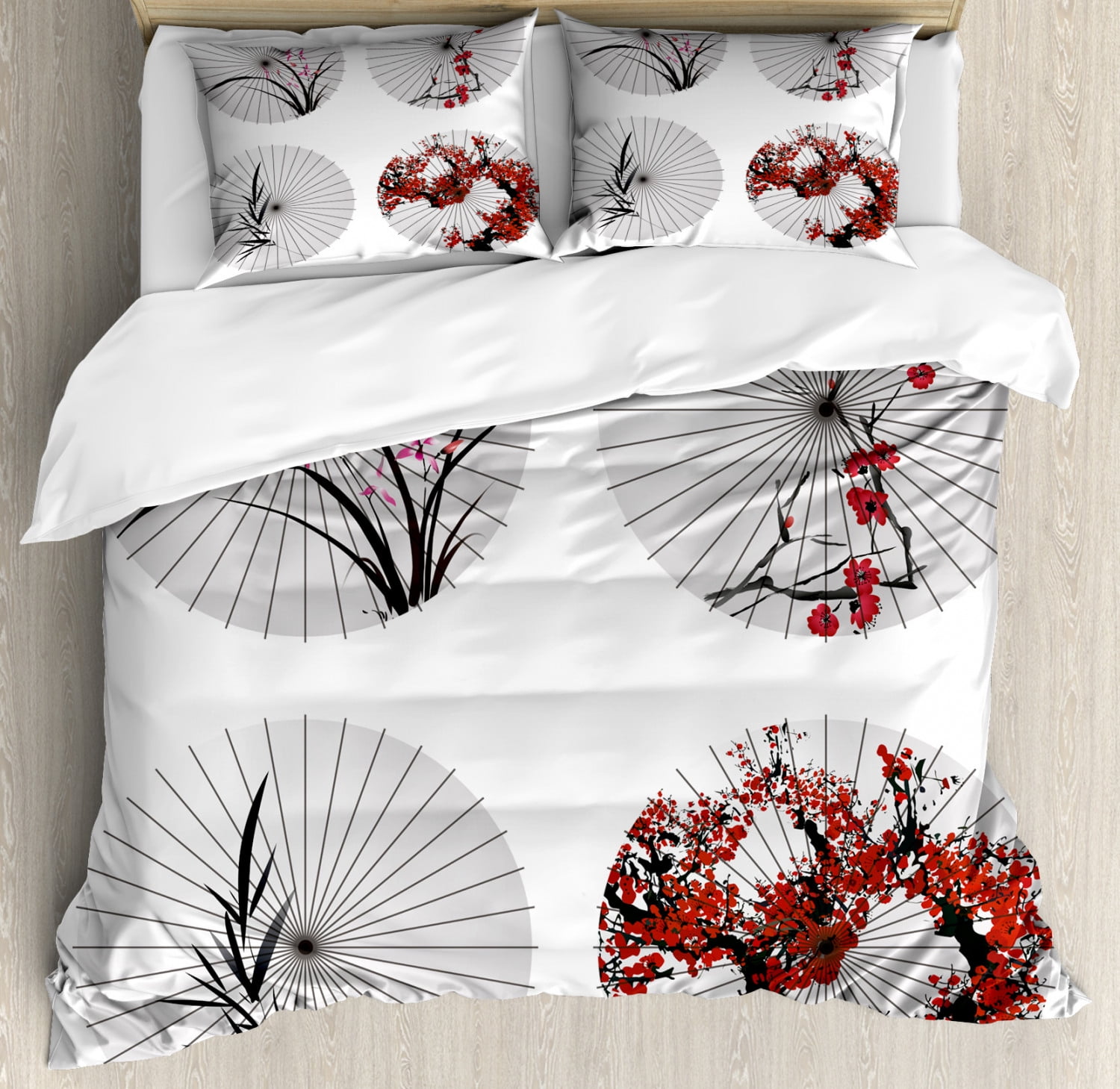 Japanese Duvet Cover Set, Group of Ethnic Parasol with Swirled Floral
