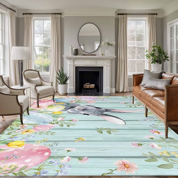 Easter Area Rug 5x7 Washable Rug Non Slip Farmhouse Spring Rabbit Eggs Flowers Leaf Wood Large Area Rug Soft Stainresistant Indoor Floor Carpet for Living Room Bedroom Home Office Dining Room Nursery