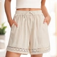 thumbnail image 3 of CHGBMOK Womens Linen Shorts Summer Trendy Cutout Lace Boho Shorts Drawstring Elastic Waist Loose Casual Shorts, 3 of 9