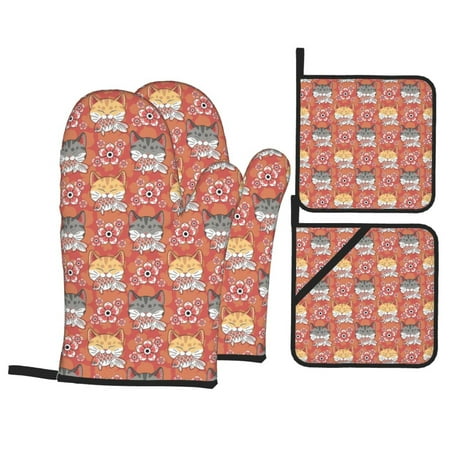 

Oven Mitts and Pot Holders 4 pcs Set Artistic Cute Cat Fish Flower Heat Resistant Pot Holders Oven Mitts for kitchen Non-Slip Hanging Loop Oven Glove Potholders for Baking Cooking