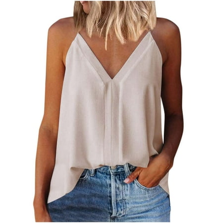 

Corset Top Women s Fashion Solid Sleeveless Vest T-shirt Sling Blouse V Neck Casual Tops Halter Camisole Corset Tops For Women Beige L