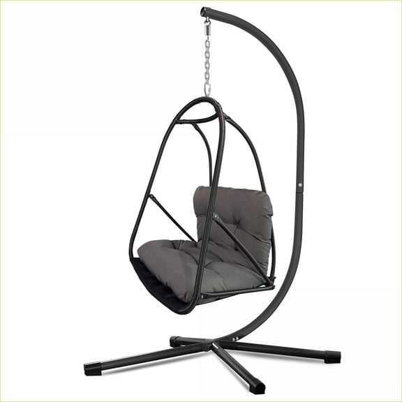 Swing Egg Chair with Stand | Indoor Outdoor Patio Hanging Chair, W/ Cushion Pillow & Cup Holder | Dark Brown | Rattan Metal