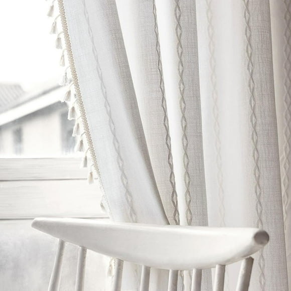 Boho Curtains with Tassel,Bohemian Curtains for Bedroom Living Room,Linen Semi Blackout Window Curtain Farmhouse Curtains Home Decor (White, 52" W x 84" L 1 Panel)
