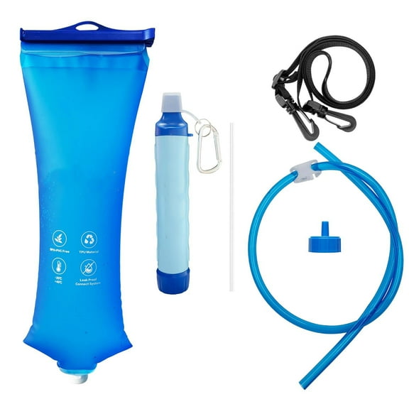 Gravity Fed Water Filtration System with Adjustable Strap, Bag and Filter Straw for Travel, Backpacking, and Emergency Preparedness