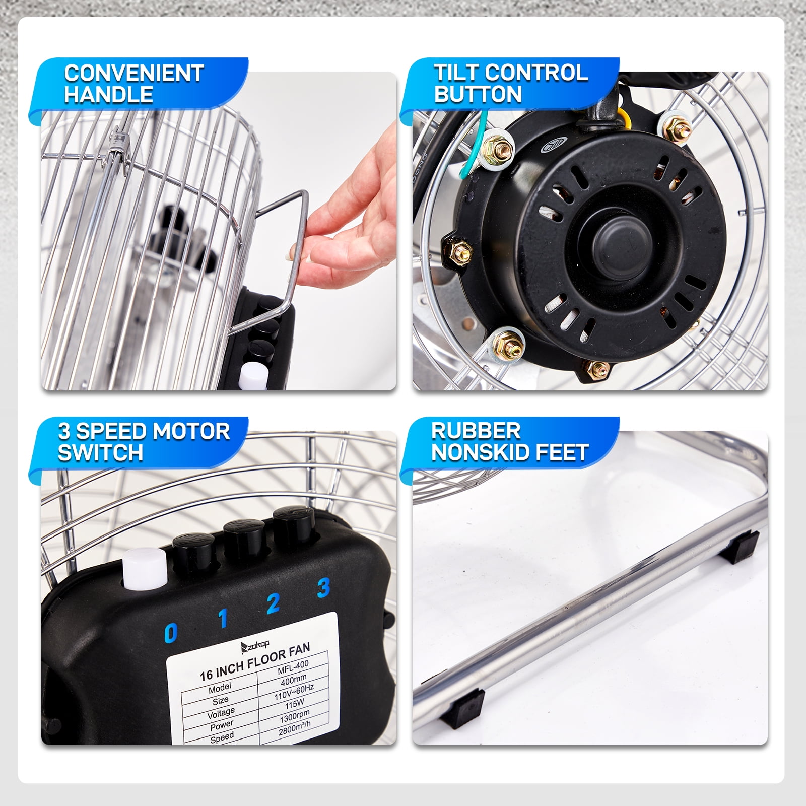 Ktaxon 16" High-Velocity Industrial Floor Fan, Heavy Duty Metal Fan, Adjustable Tilt and 3 Speeds up to 5688 CFM