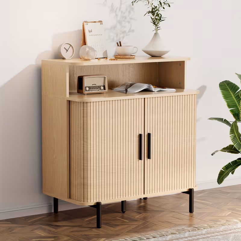 SUNCOZE Sideboard Buffet Cabinet with Sliding Doors, Modern Storage Cabinet for Dining Room, Living Room, Kitchen or Entryway, Wood Finish