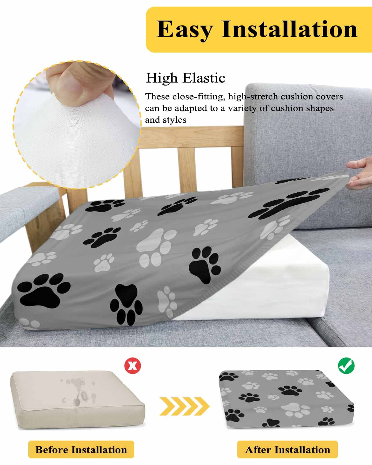 Pet Paw Printed Couch Cushion Covers Stretch, Washable Sofa Seat Covers Individual Seat Cushion Sofa Slipcovers Modern Black Grey Watercolor Dog Claws Couch Cover Furniture Protector S-1PCS