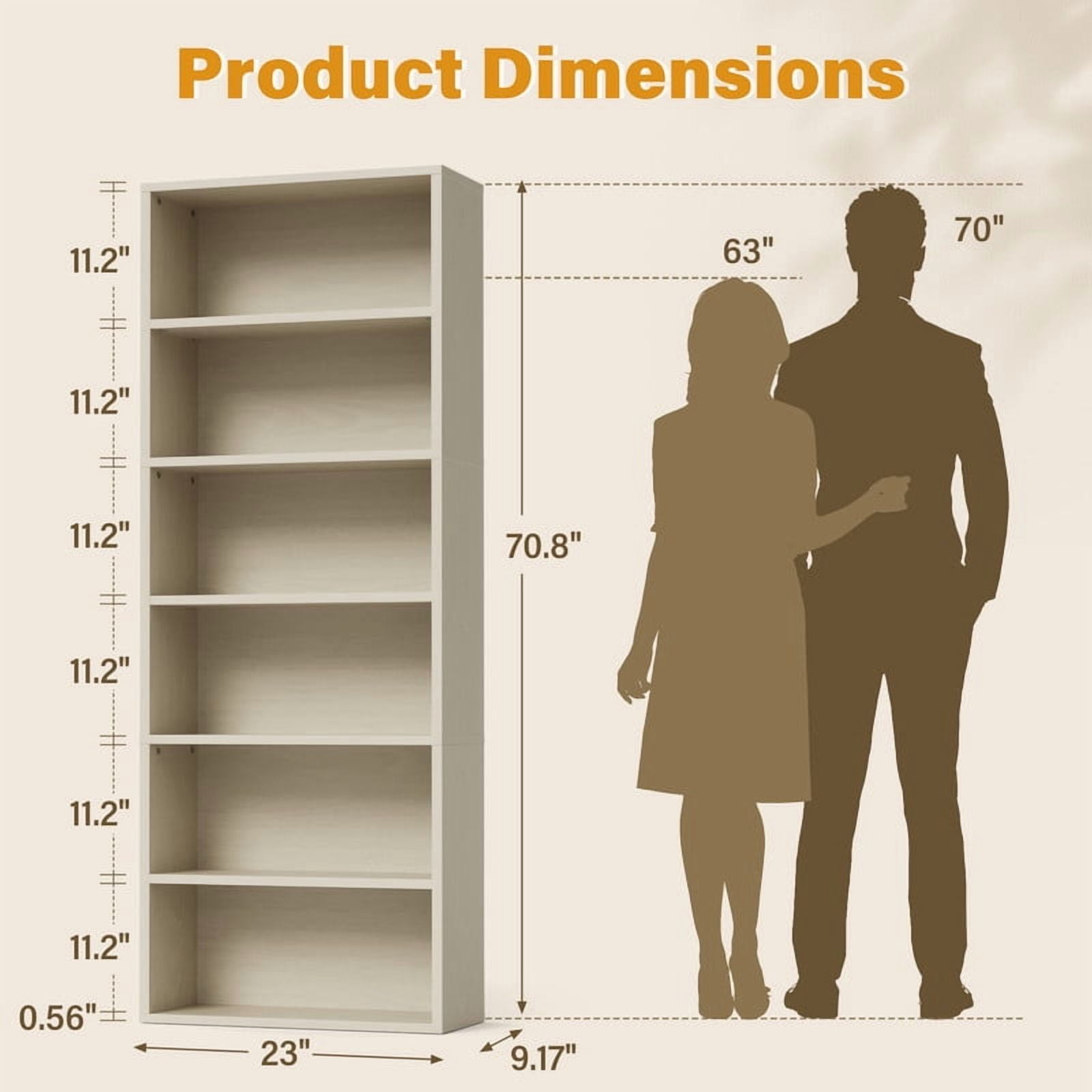 Homall 6-Shelf Standing Bookcase, Sturdy Storage for Home Office, Living Room,Beige