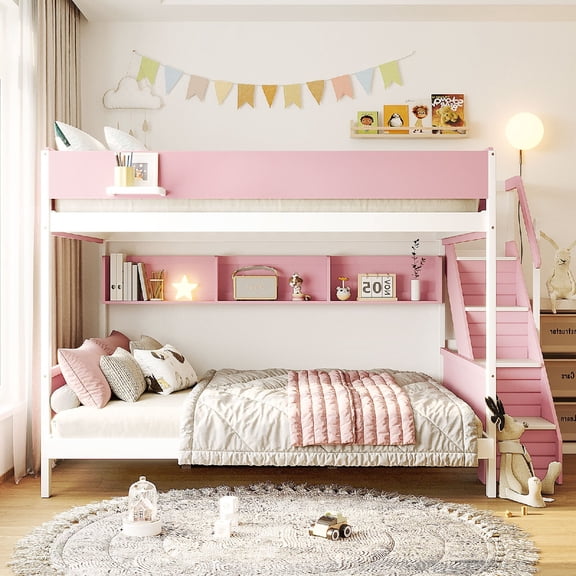Twin over Full Bunk Bed Frame with Striped-Design Staircase and Side Shelves, LED Wood Bunk Bed with Safety Guardrails and Ladder for Bedroom, Apartment, Dorm, Guest Room, Mattress Not Included, Pink