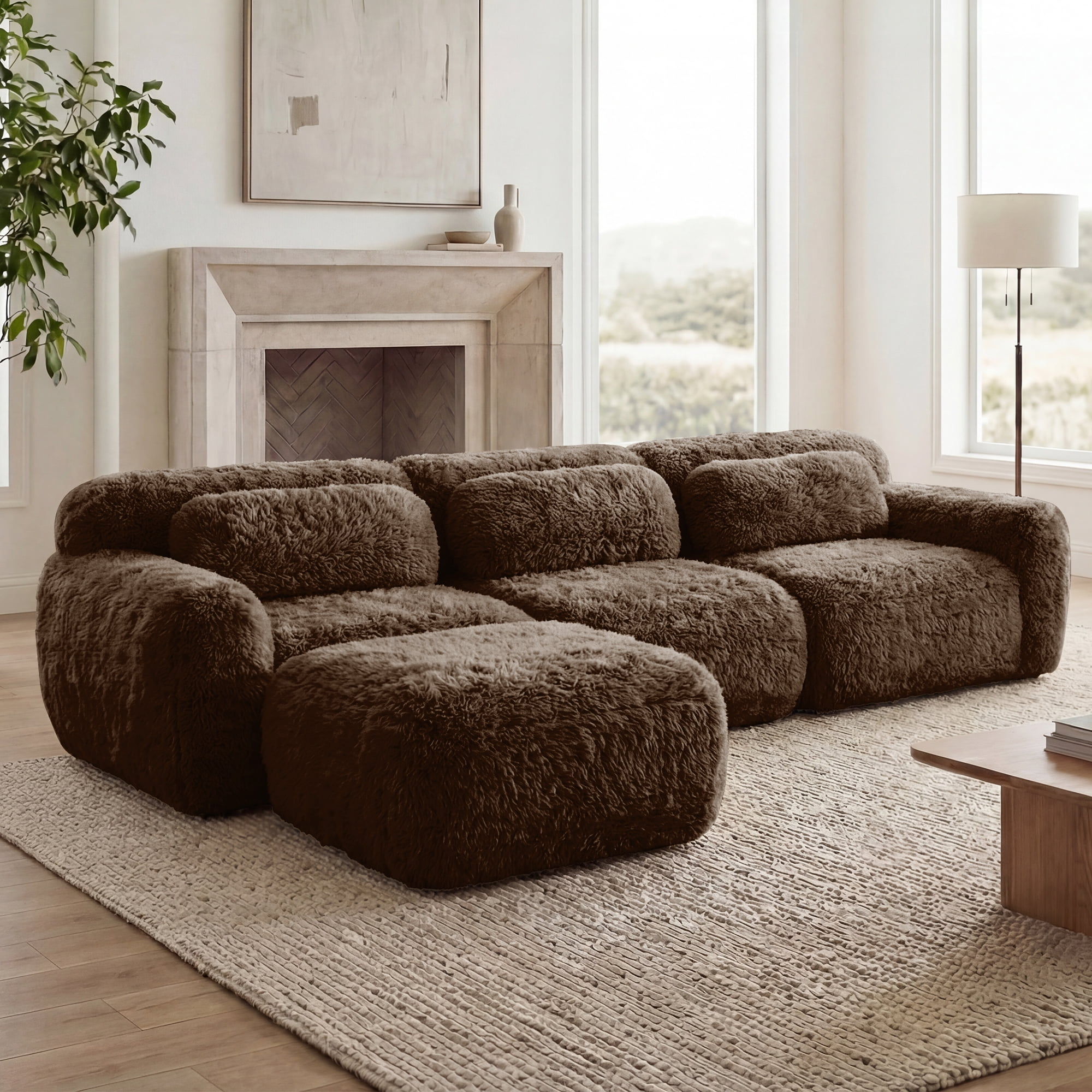 Anpport 114'' L-shaped Modular Sectional Sofa Couches, Soft Fluffy Plush Fabric with Throw Pillows, A Movable Ottoman, for Living Room, Apartment & Bedroom, Chocolate