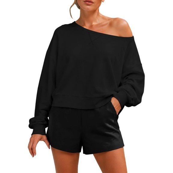 Atogsazn Womens Off Shoulder Cropped Sweatshirt Casual Drop Shoulder Long Sleeve Oversized Pullover Casual Tops Black M Fashion
