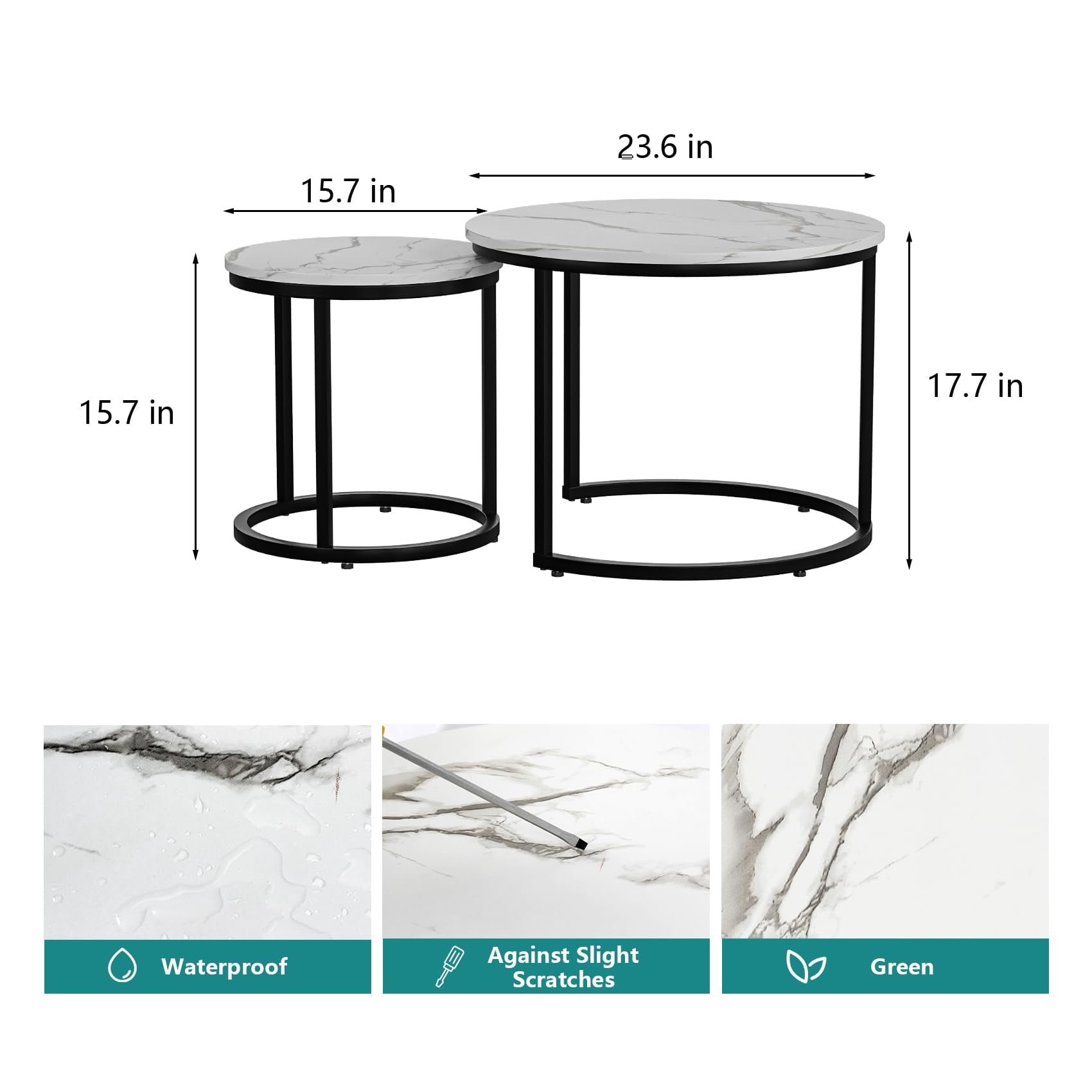 Semiocthome Modern Nesting Coffee Table Set,End Table for Living Room, 23.6" W, White,Marble Pattern