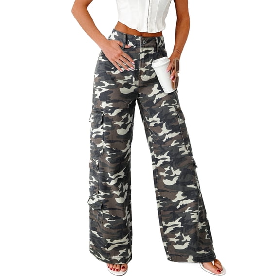 Women's Green Camo Denim Cargo Wide Leg Pants – Casual Style for Everyday Adventures, 16