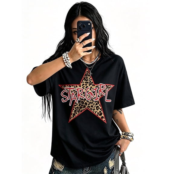 Women's Oversized Black T-Shirt with STARGIRL Leopard Print Star Graphic, Loose Fit Y2K Streetwear Tee Top