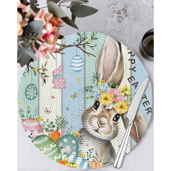 13 Inch Round Placemats Set of 4, Blue Green Easter Bunny Non Slip Heat Insulation PP Table Mats, Spring Easter Eggs Floral Wooden Washable Place Mats for Kitchen Dining Party Table Decor