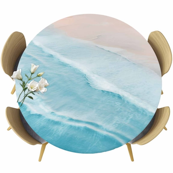 Blue Summer Beach Round Tablecloth 45-54 Inch Round Fitted Table Cloth with Elastic Edge, Boho Coastal Wave Gradient Ocean Waterproof Table Cover Protector for Outdoor Picnic Party Dining