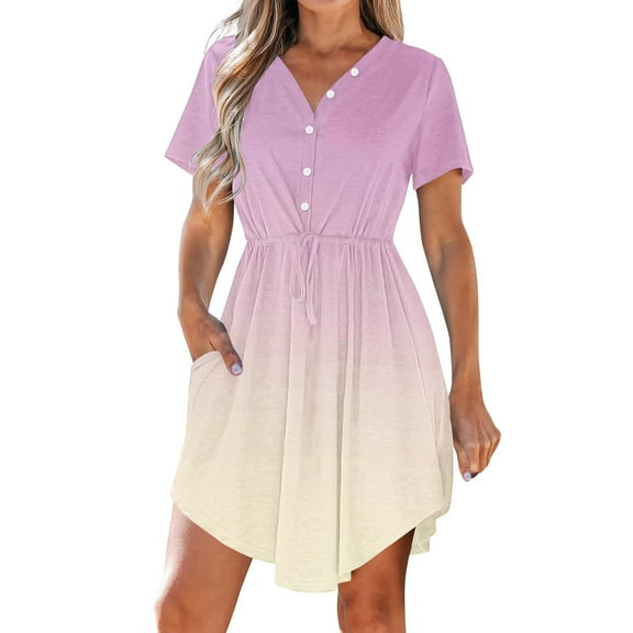 Puntoco Summer dresses for women 2025 Women's Summer Dress Casual V Neck Short Sleeve Drawstring Dresses with Pockets Yellow XL(XL)